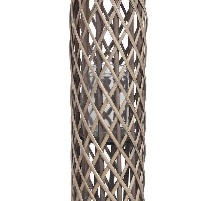 Cylindrical Bamboo Lantern with Lattice Design and Rope Handle,Large,Gray