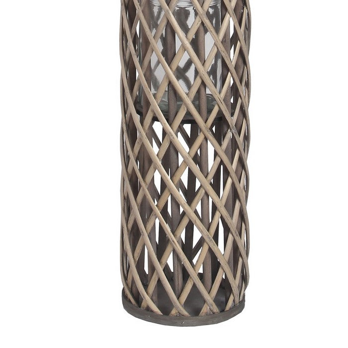 Cylindrical Bamboo Lantern with Lattice Design and Rope Handle,Large,Gray