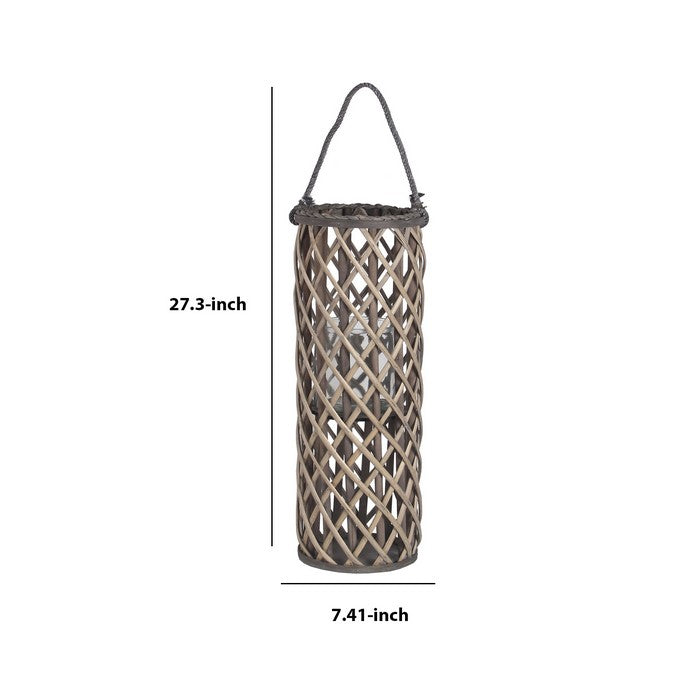 Cylindrical Bamboo Lantern with Lattice Design and Rope Handle,Large,Gray