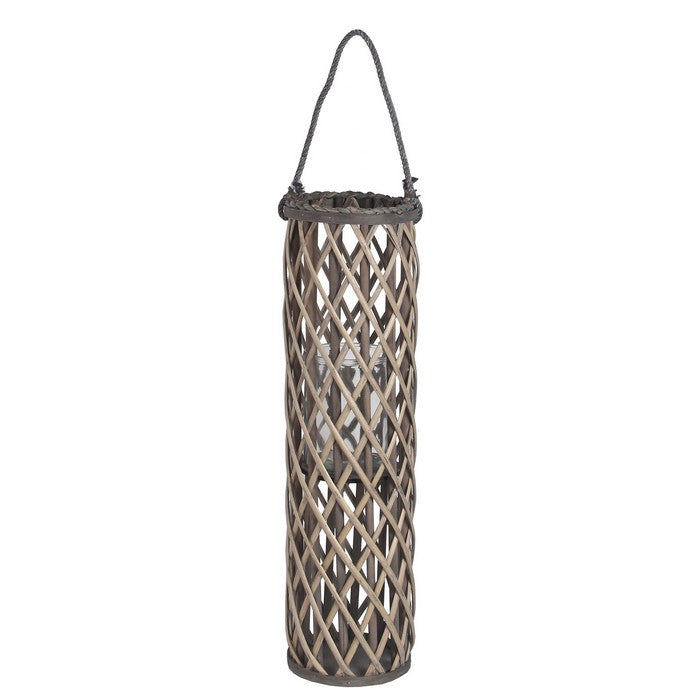 Cylindrical Bamboo Lantern with Lattice Design and Rope Handle,Large,Gray