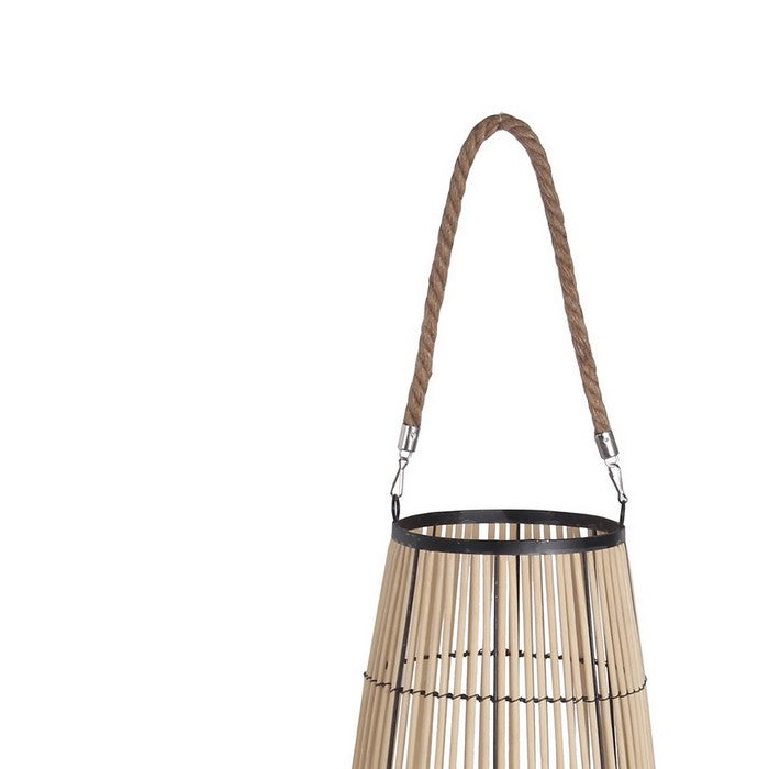 Bellied Shape Bamboo Lantern with Open Cage Design and Rope Handle, Brown