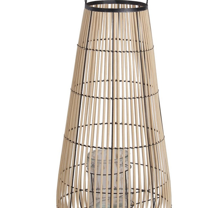 Bellied Shape Bamboo Lantern with Open Cage Design and Rope Handle, Brown