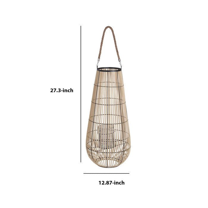 Bellied Shape Bamboo Lantern with Open Cage Design and Rope Handle, Brown