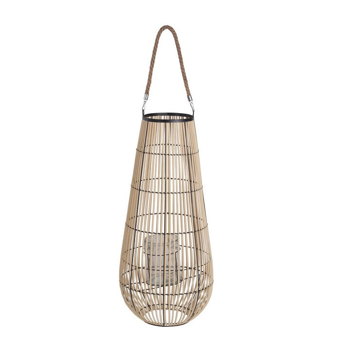 Bellied Shape Bamboo Lantern with Open Cage Design and Rope Handle, Brown