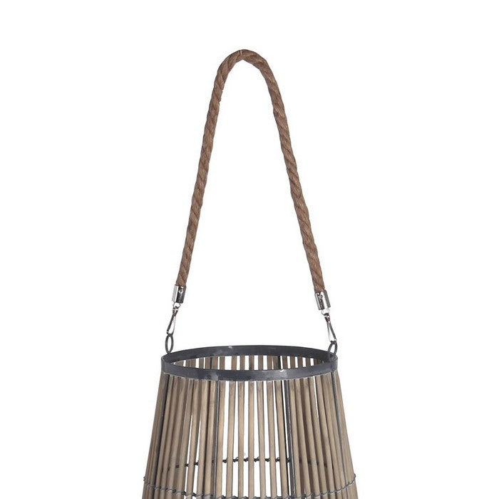 Bellied Shape Bamboo Lantern with Open Cage Design and Rope Handle, Gray