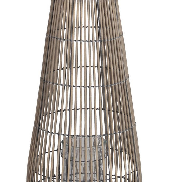 Bellied Shape Bamboo Lantern with Open Cage Design and Rope Handle, Gray
