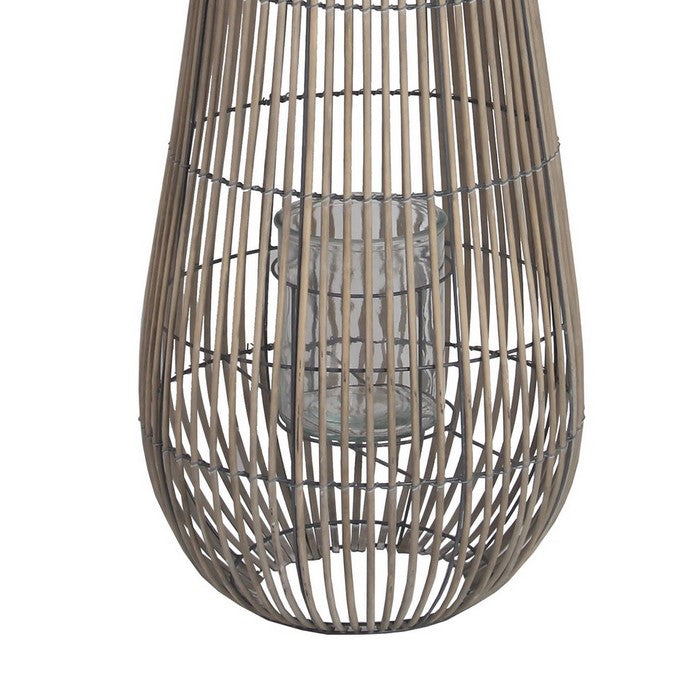 Bellied Shape Bamboo Lantern with Open Cage Design and Rope Handle, Gray