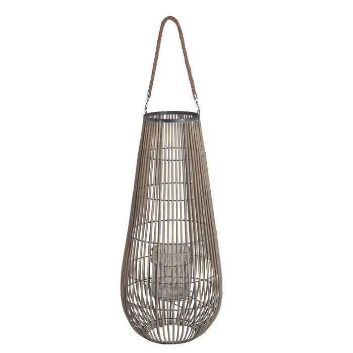 Bellied Shape Bamboo Lantern with Open Cage Design and Rope Handle, Gray