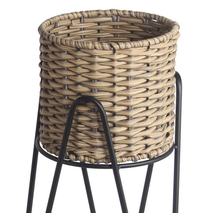 Rattan Weave Design Planter with Metal Hairpin Legs, Set of 2, Brown