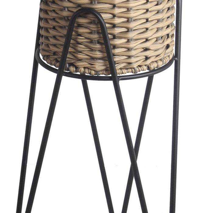 Rattan Weave Design Planter with Metal Hairpin Legs, Set of 2, Brown