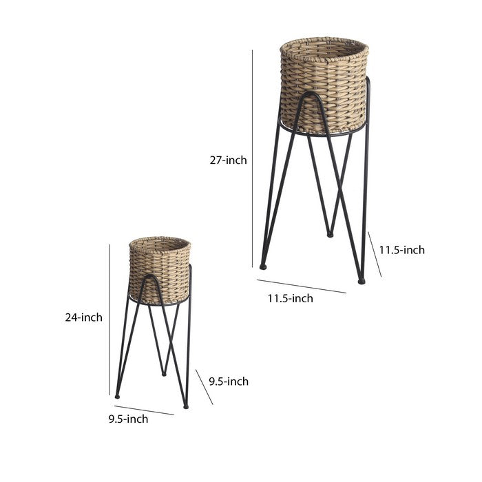 Rattan Weave Design Planter with Metal Hairpin Legs, Set of 2, Brown