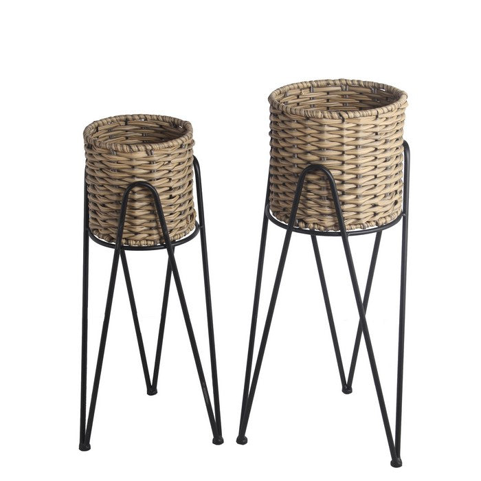 Rattan Weave Design Planter with Metal Hairpin Legs, Set of 2, Brown