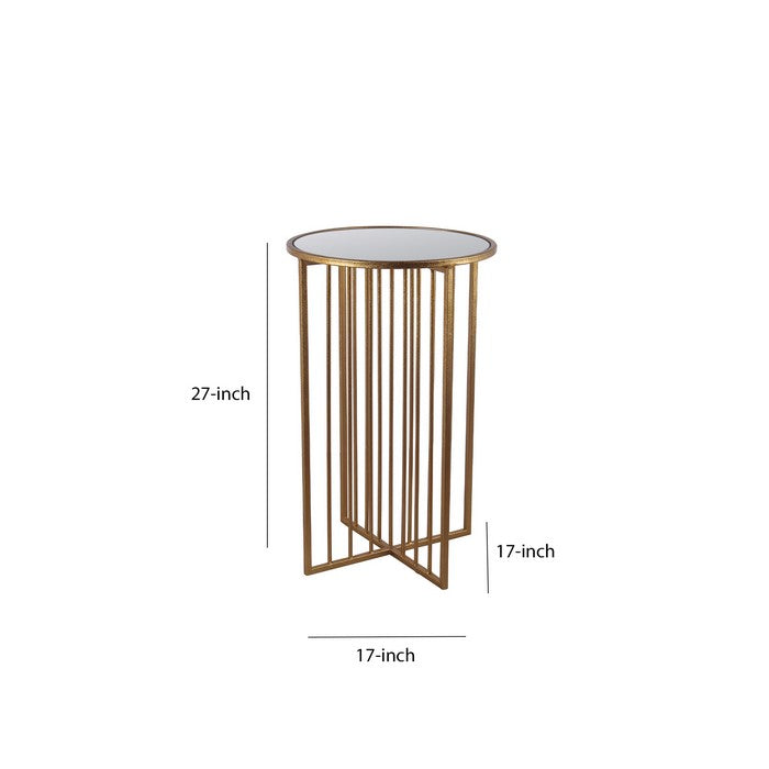 Round Top Metal Accent Table with Slatted X Shape Base, Gold and Silver