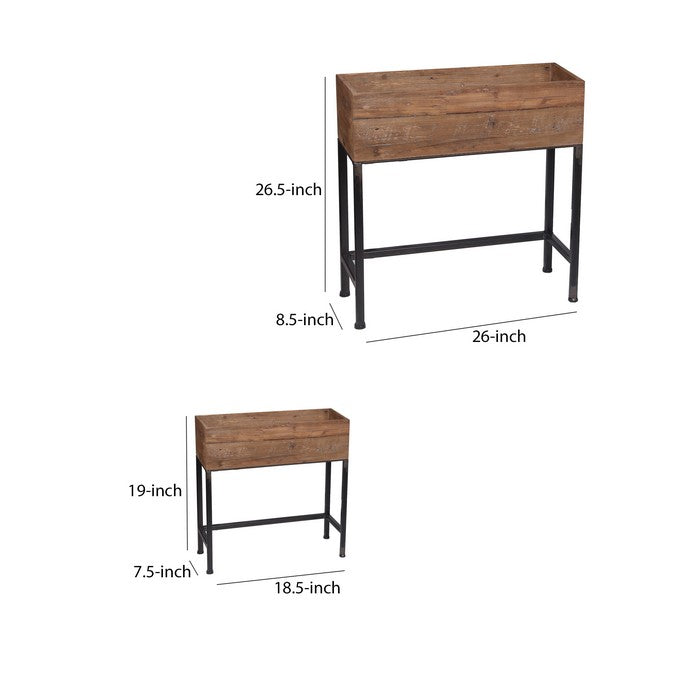 Rectangular Wooden Planter with Metal Tubular Legs, Set of 2, Brown