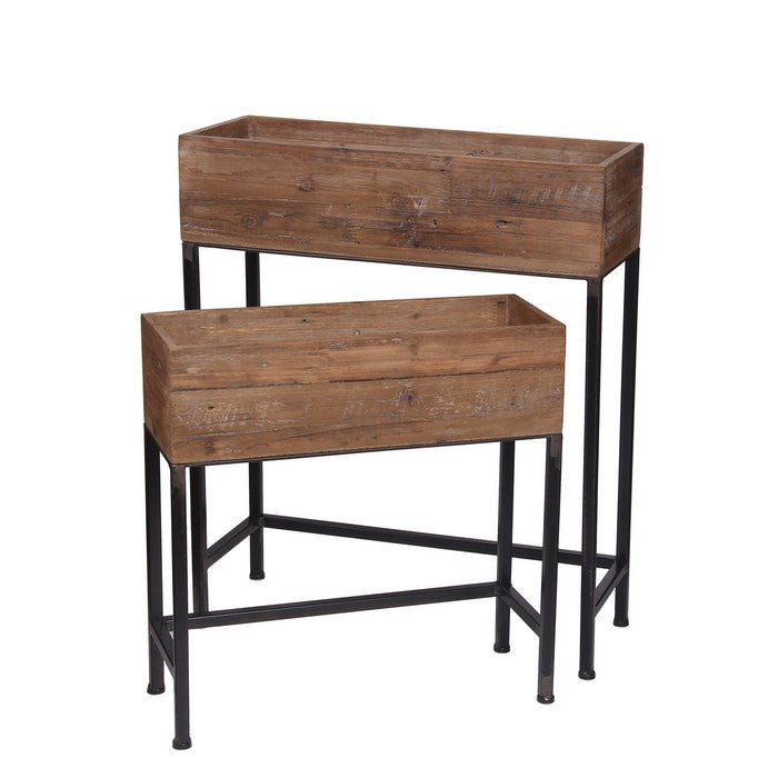 Rectangular Wooden Planter with Metal Tubular Legs, Set of 2, Brown