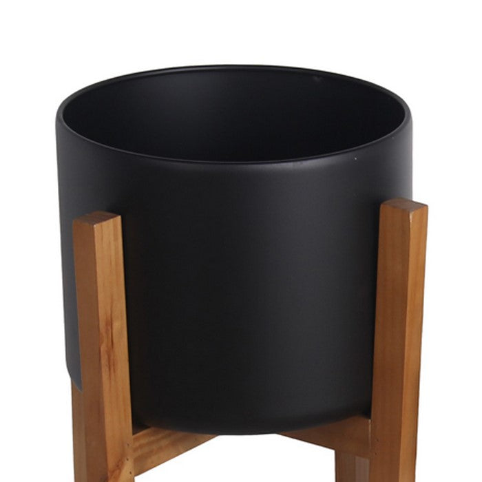 Metal Planter with Foldable Wooden Base, Set of 2, Black and Brown