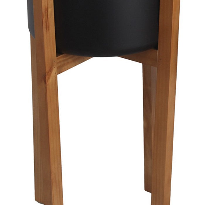 Metal Planter with Foldable Wooden Base, Set of 2, Black and Brown