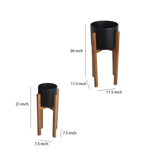 Metal Planter with Foldable Wooden Base, Set of 2, Black and Brown