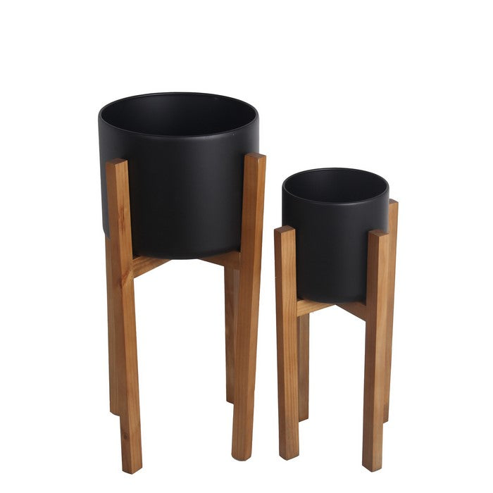 Metal Planter with Foldable Wooden Base, Set of 2, Black and Brown