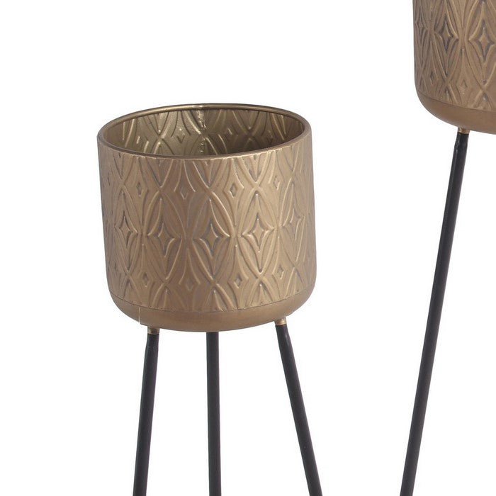 Metal Planter with Tripod Base and Embossed Geometric Pattern,Set of 3,Gold