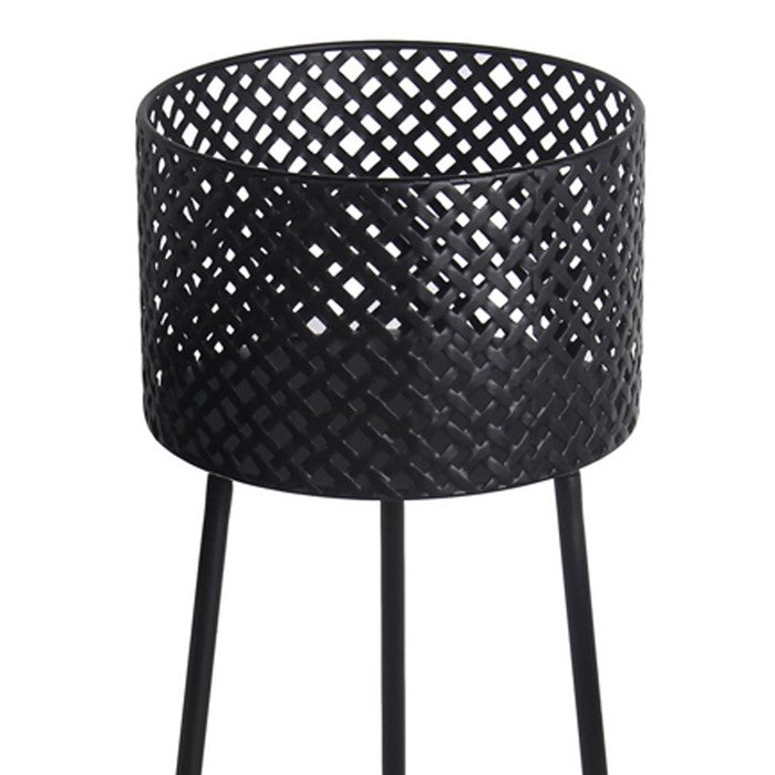 Round Metal Planter with Lattice Design and Tubular Tripod Base, Black
