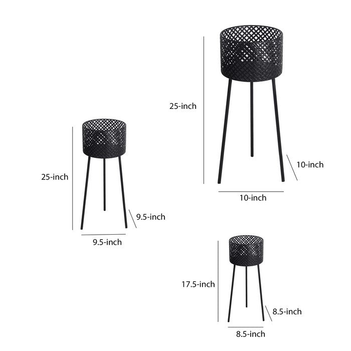 Round Metal Planter with Lattice Design and Tubular Tripod Base, Black