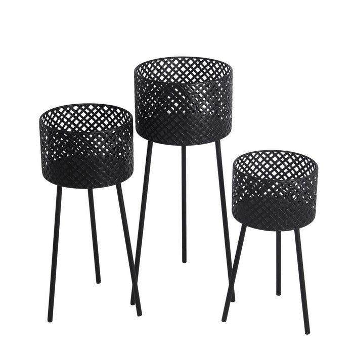 Round Metal Planter with Lattice Design and Tubular Tripod Base, Black