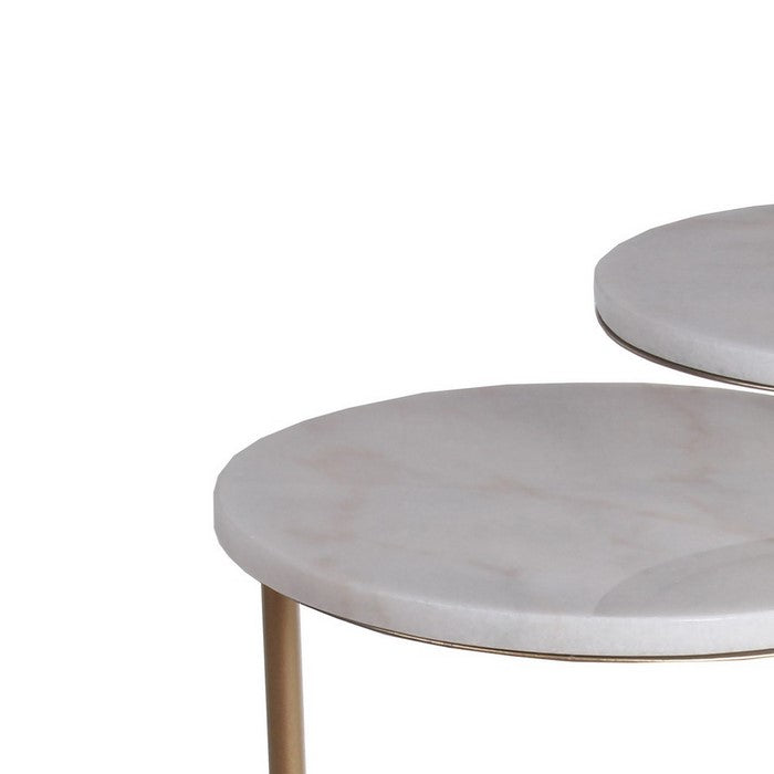 2 Tier Round Marble Top Accent Table with Tubular Legs, White and Gold