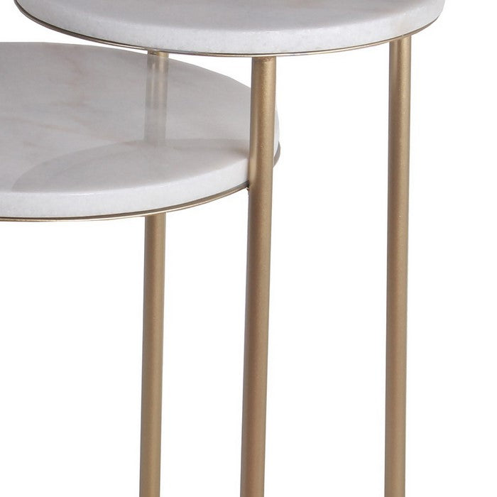 2 Tier Round Marble Top Accent Table with Tubular Legs, White and Gold