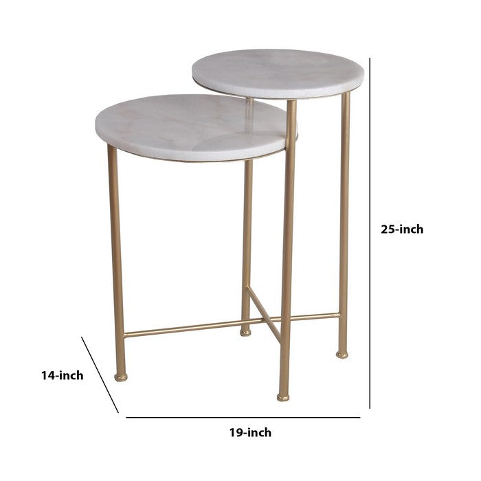 2 Tier Round Marble Top Accent Table with Tubular Legs, White and Gold