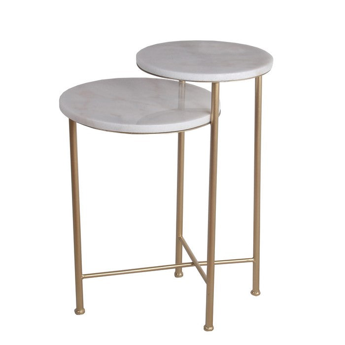 2 Tier Round Marble Top Accent Table with Tubular Legs, White and Gold