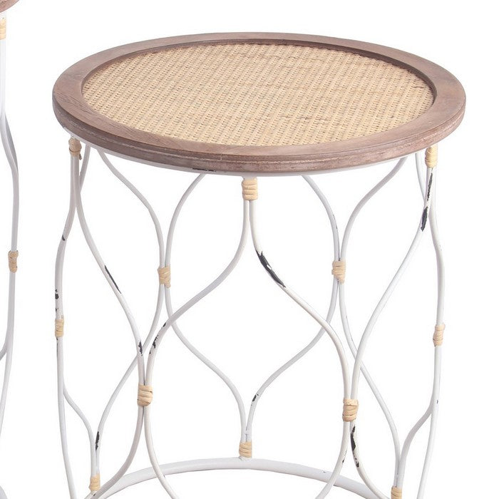 Metal Accent Table with Round Top and Open Lattice Frame, Set of 2, White