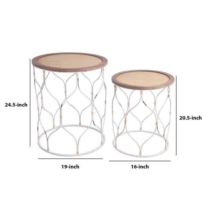 Metal Accent Table with Round Top and Open Lattice Frame, Set of 2, White