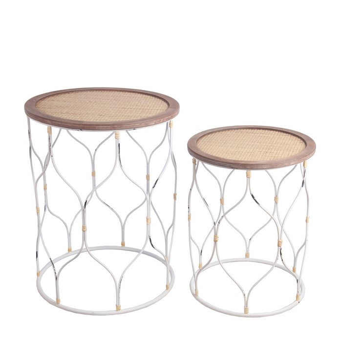 Metal Accent Table with Round Top and Open Lattice Frame, Set of 2, White