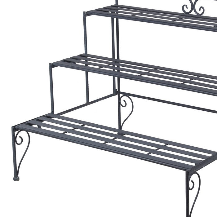Step Design Metal Planter with Slatted Top and Scroll Motifs, Gray