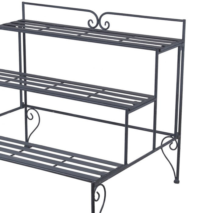 Step Design Metal Planter with Slatted Top and Scroll Motifs, Gray