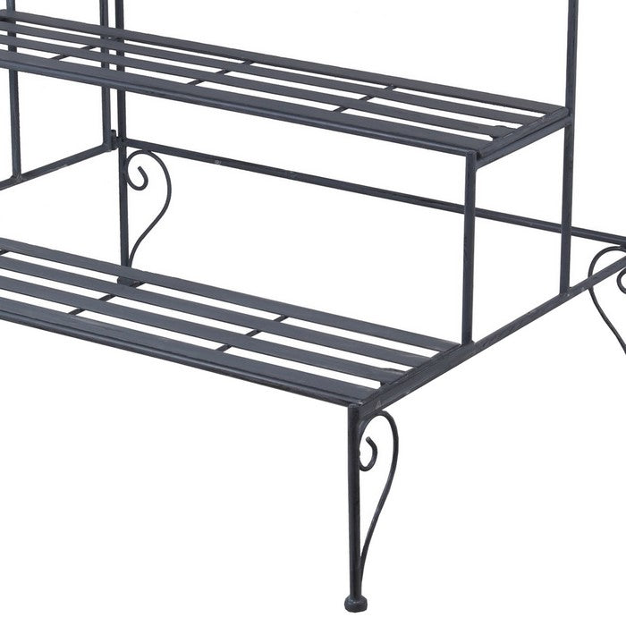 Step Design Metal Planter with Slatted Top and Scroll Motifs, Gray