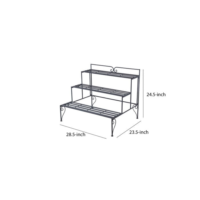 Step Design Metal Planter with Slatted Top and Scroll Motifs, Gray