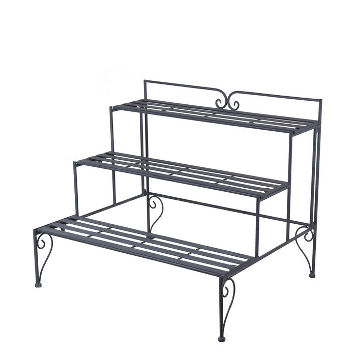 Step Design Metal Planter with Slatted Top and Scroll Motifs, Gray
