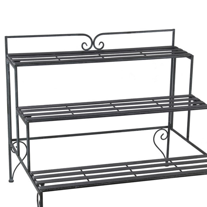 Step Design Metal Planter with Slatted Top and Scroll Motifs, Black
