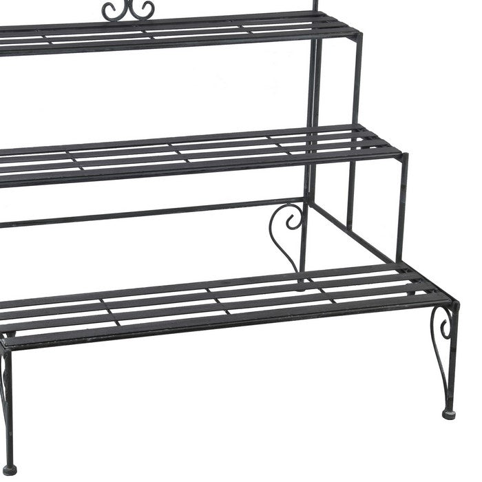 Step Design Metal Planter with Slatted Top and Scroll Motifs, Black