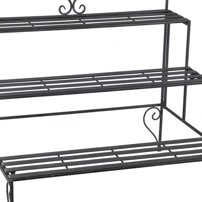Step Design Metal Planter with Slatted Top and Scroll Motifs, Black