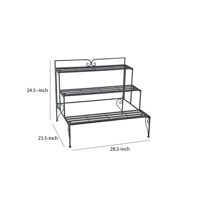 Step Design Metal Planter with Slatted Top and Scroll Motifs, Black