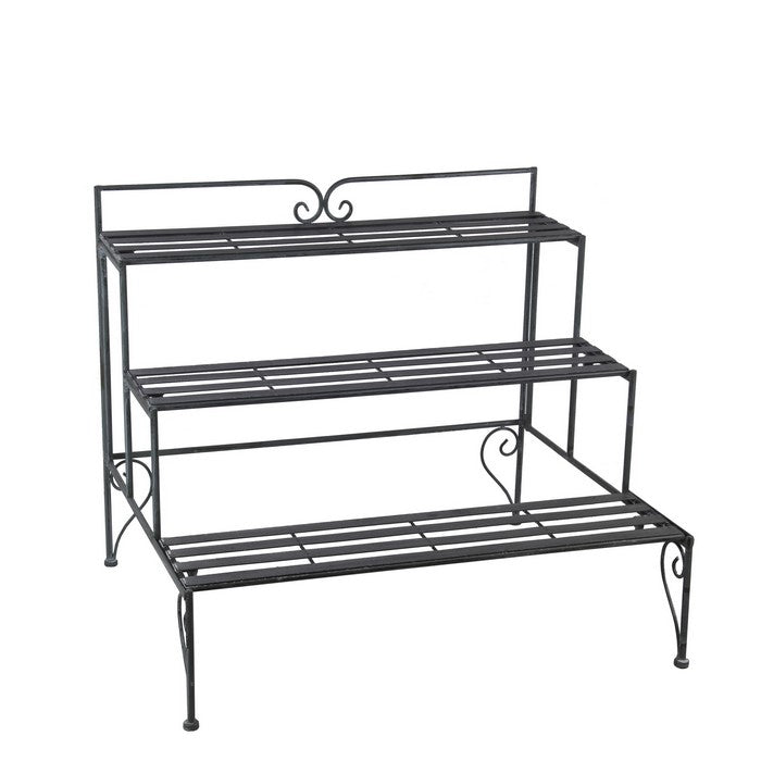 Step Design Metal Planter with Slatted Top and Scroll Motifs, Black