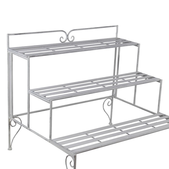 Step Design Metal Planter with Slatted Top and Scroll Motifs, White
