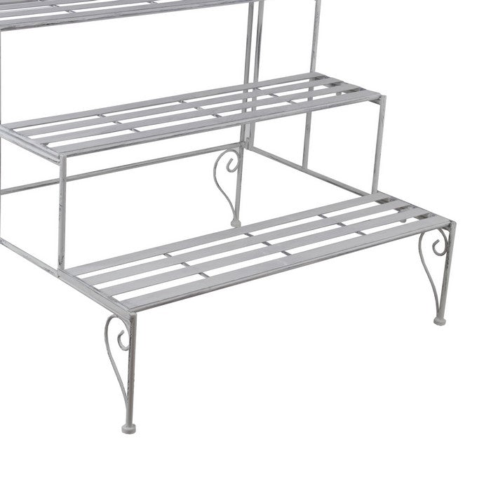Step Design Metal Planter with Slatted Top and Scroll Motifs, White