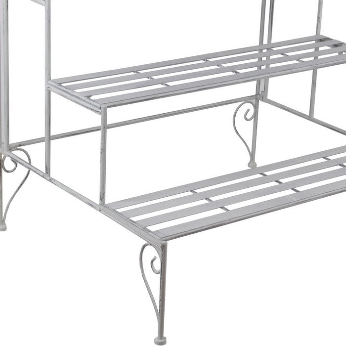 Step Design Metal Planter with Slatted Top and Scroll Motifs, White