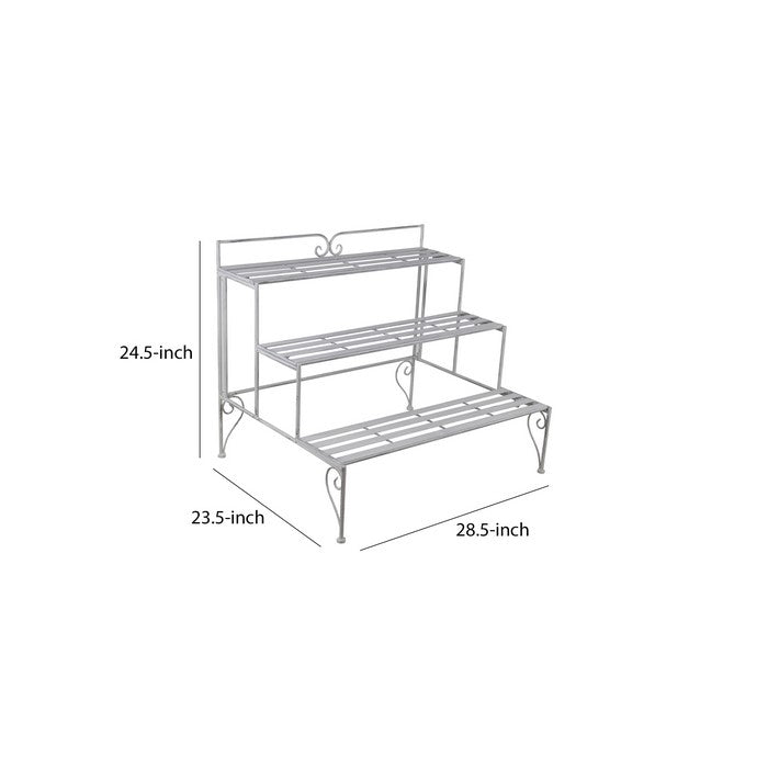 Step Design Metal Planter with Slatted Top and Scroll Motifs, White