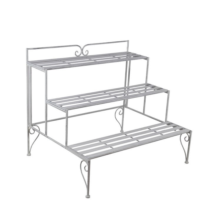 Step Design Metal Planter with Slatted Top and Scroll Motifs, White