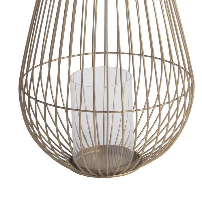Bellied Shape Metal Lantern with Open Cage Design, Large, Gold